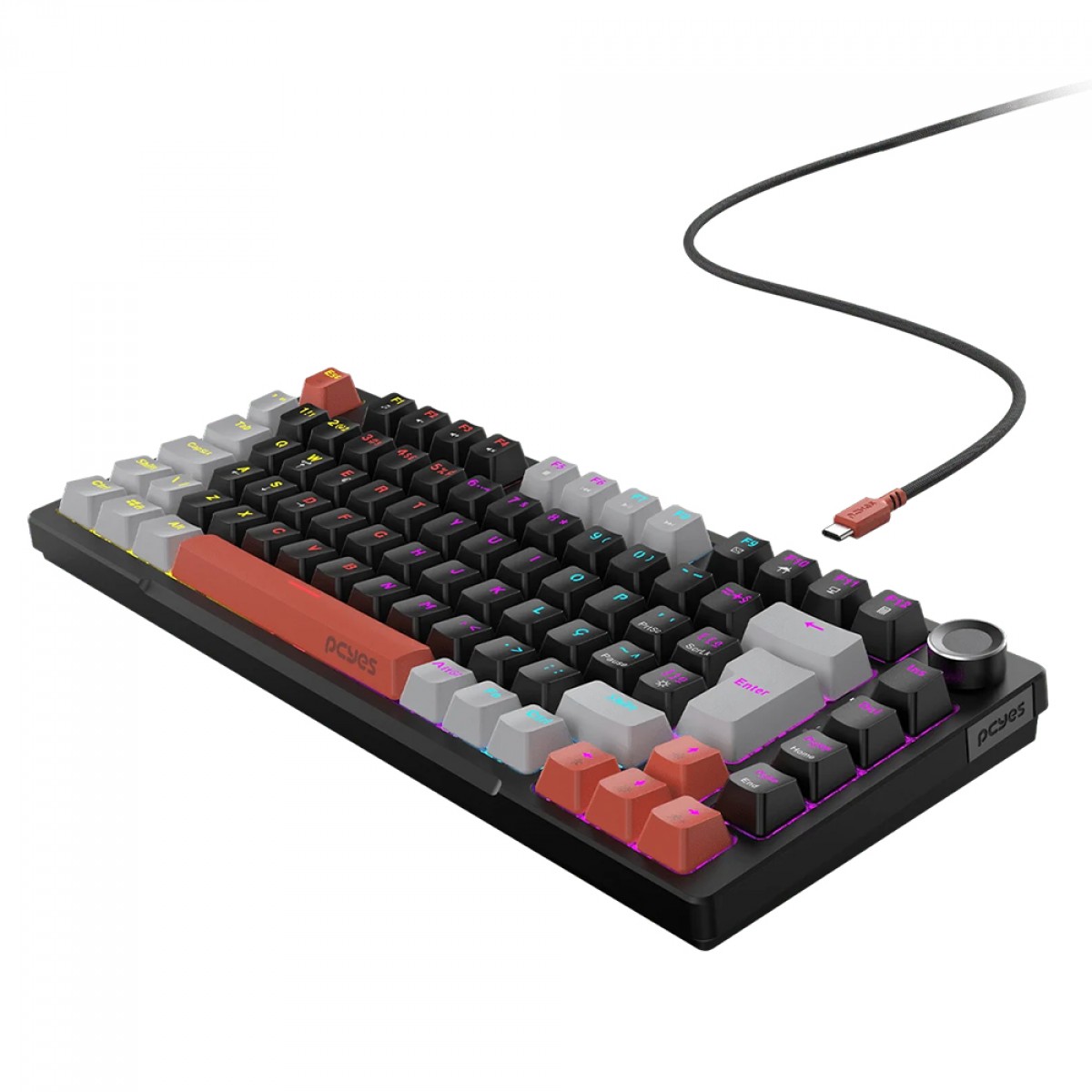 Teclado Mecânico Gamer PCYes Arkeum Black Vulcan, Rainbow, Switch Blue, 75%, ABNT2, Preto, Cinza e Laranja, AKBV75BBR