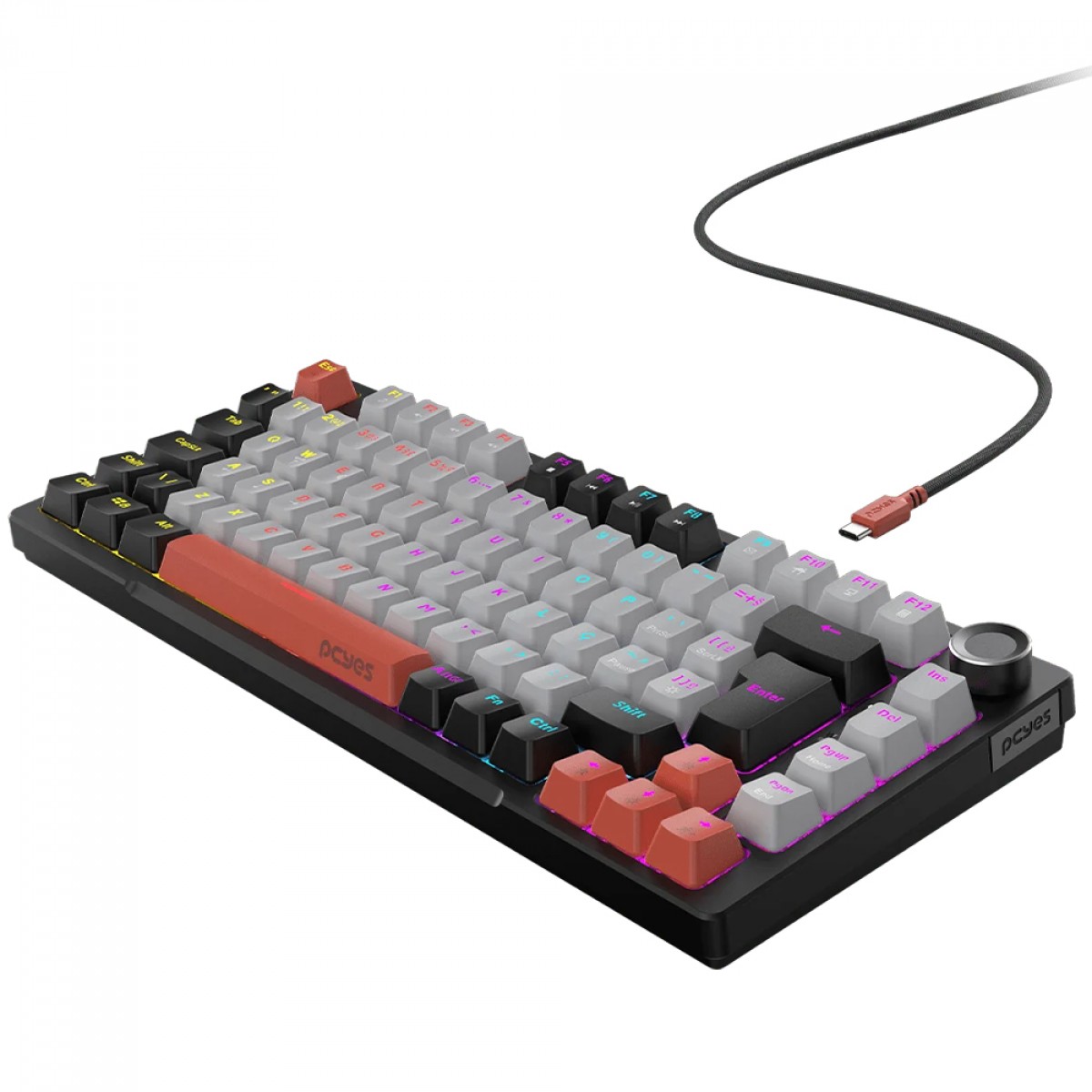 Teclado Mecânico Gamer PCYes Arkeum Black Vulcan, Rainbow, Switch Red, 75%, ABNT2, Preto, Cinza e Laranja, AKBV75RBR