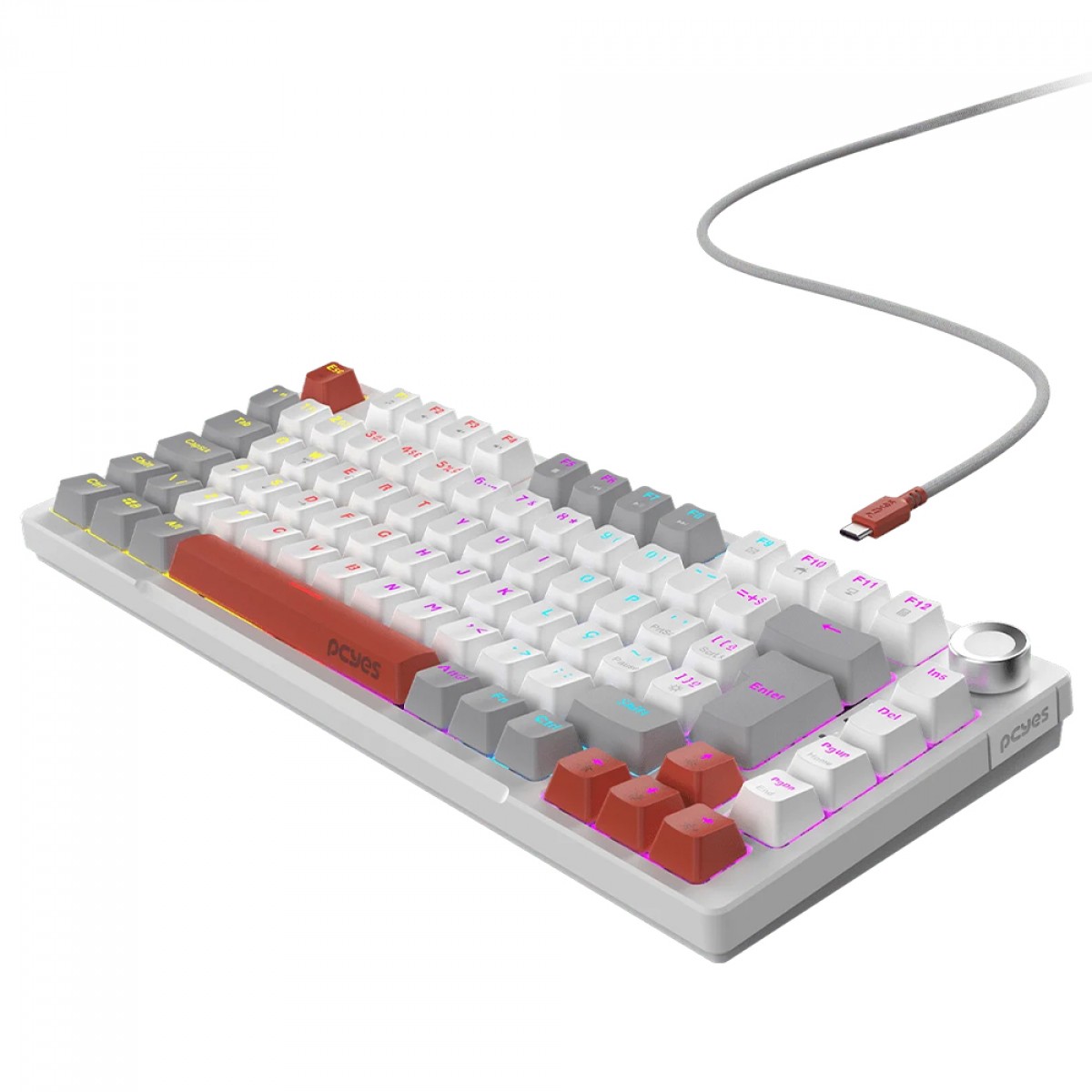 Teclado Mecânico Gamer PCYes Arkeum White Ghost, Rainbow, Switch Blue, 75%, ABNT2, Branco, Cinza e Laranja, AKWG75BBR