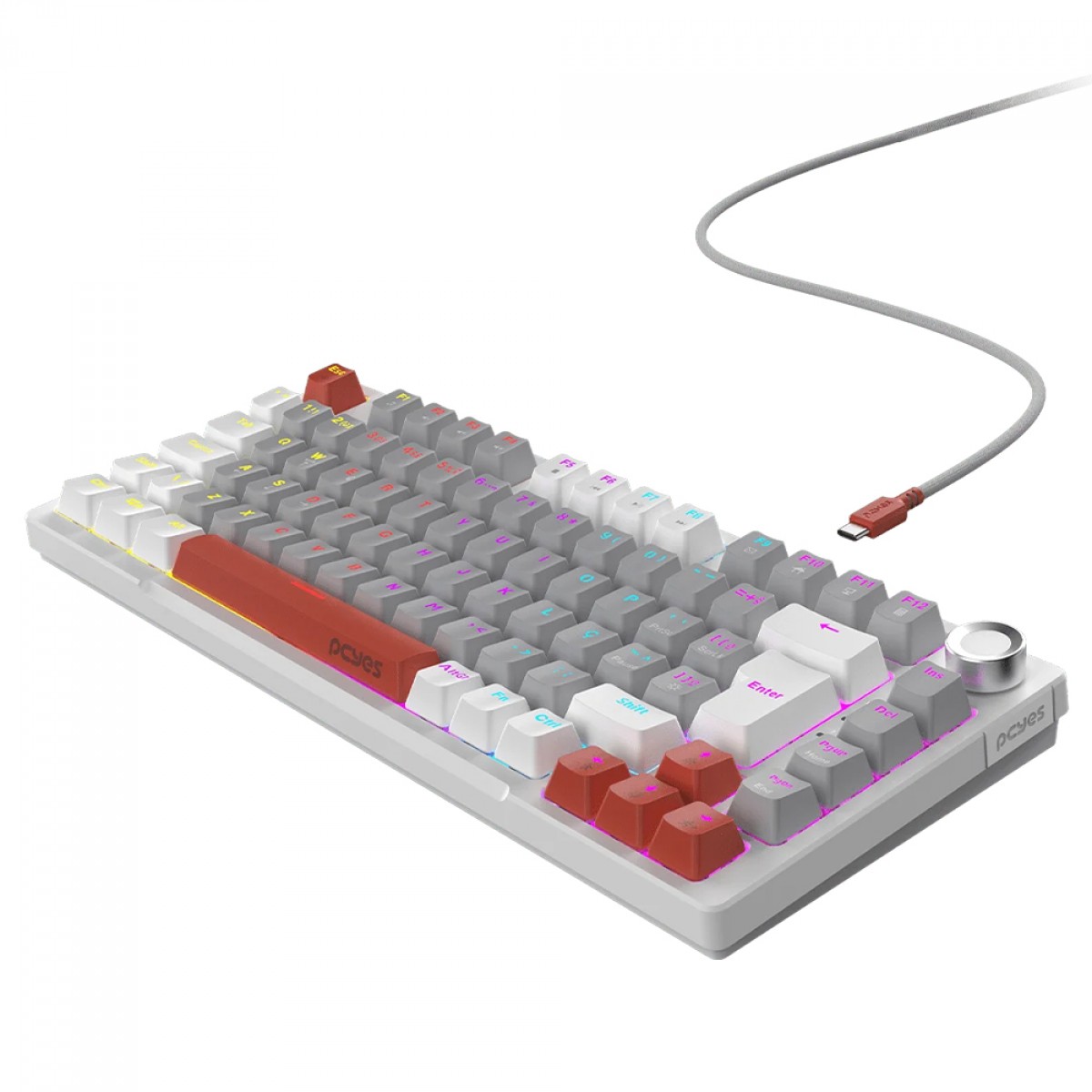 Teclado Mecânico Gamer PCYes Arkeum White Ghost, Rainbow, Switch Red, 75%, ABNT2, Branco, Cinza e Laranja, AKWG75RBR