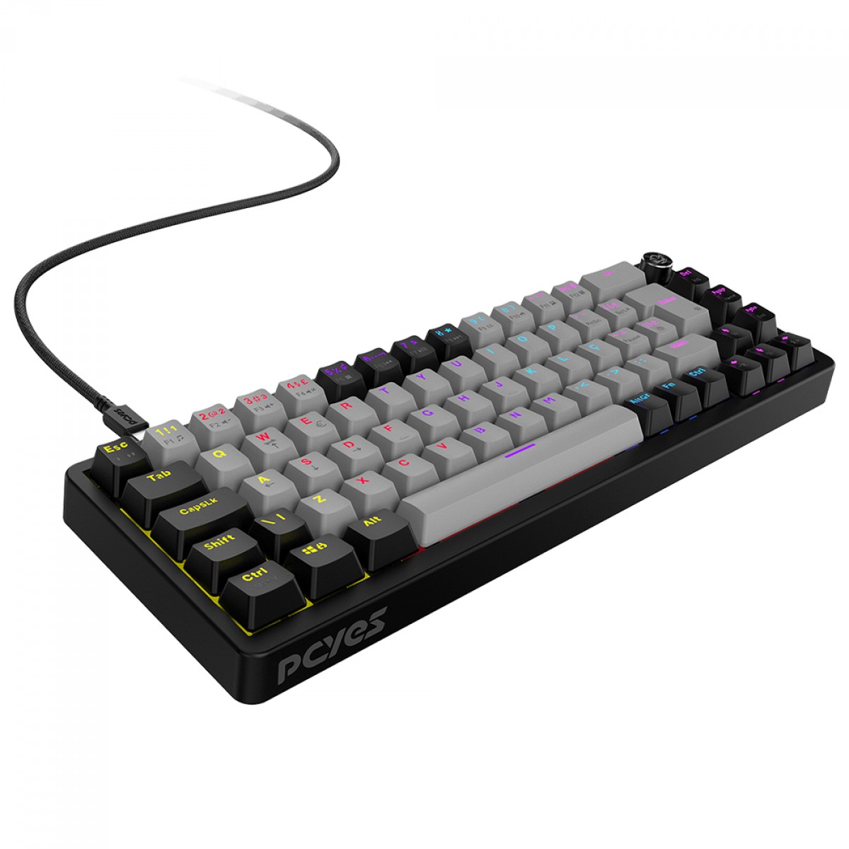 Teclado Mecânico Gamer PCYes Mecka Black Vulcan, Rainbow, Switch Outemu Red, 65%, ABNT2, Preto e Cinza, TPMKBVRD