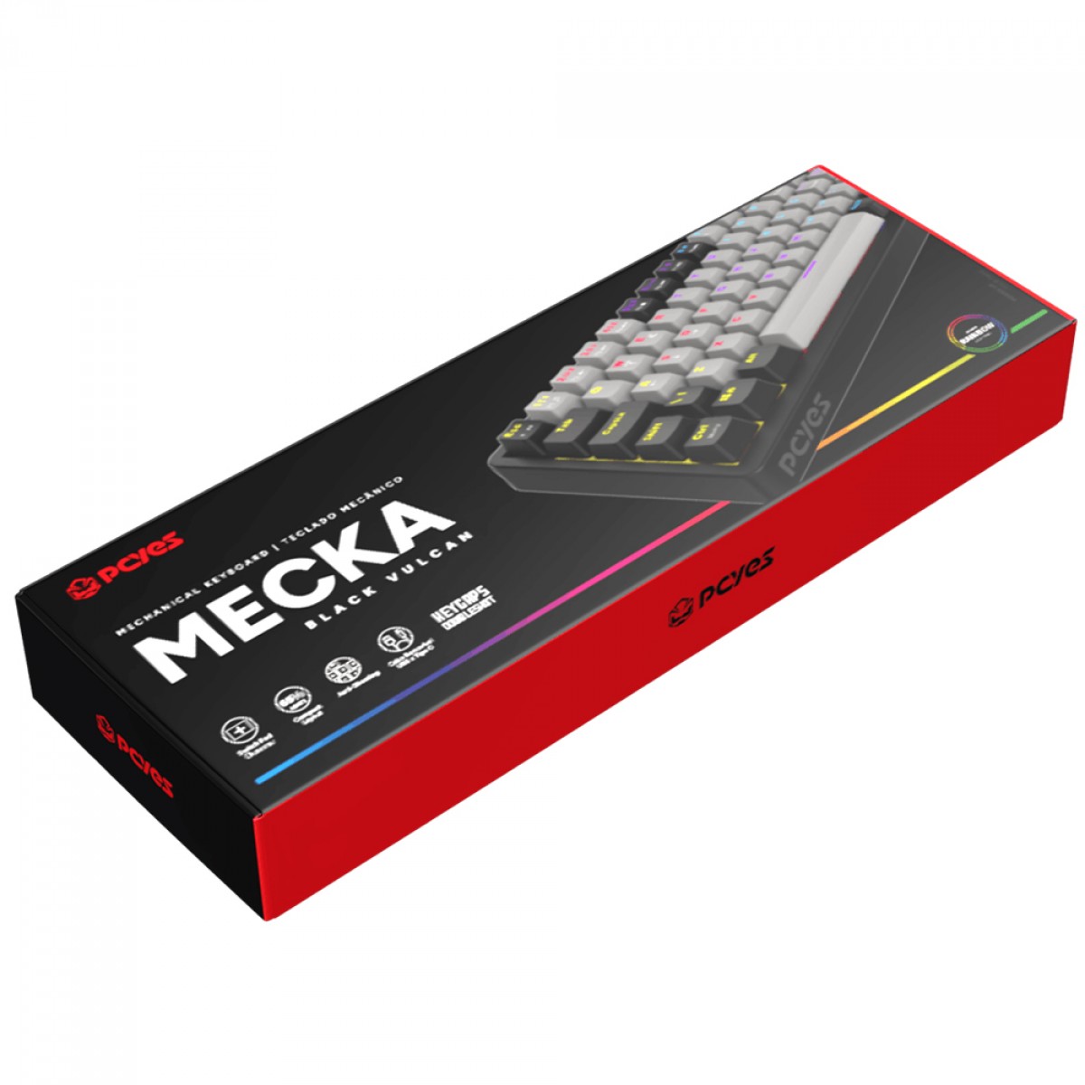 Teclado Mecânico Gamer PCYes Mecka Black Vulcan, Rainbow, Switch Outemu Red, 65%, ABNT2, Preto e Cinza, TPMKBVRD