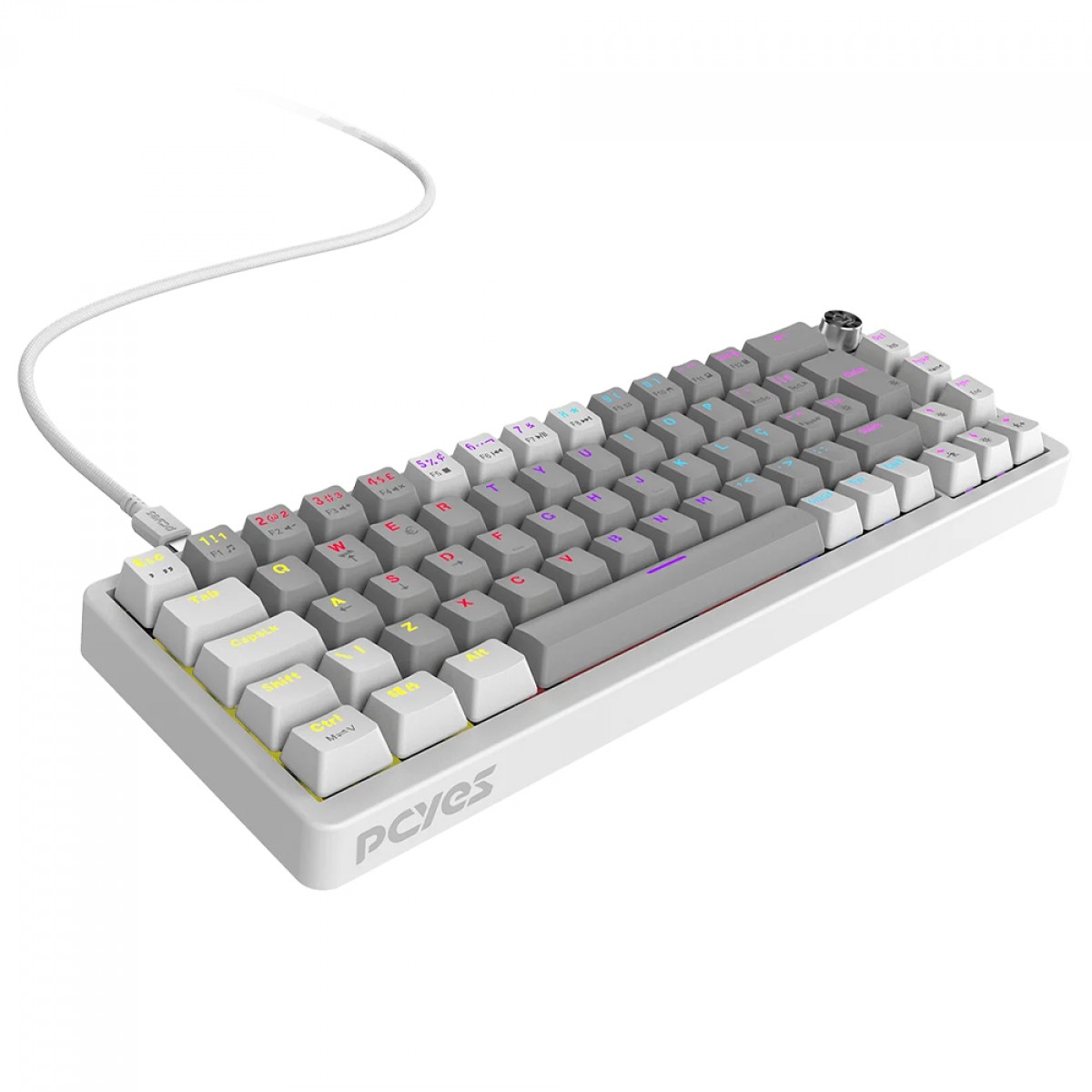 Teclado Mecânico Gamer PCYes Mecka White Ghost, Rainbow, Switch Outemu Red, 65%, ABNT2, Cinza e Branco, TPMKWGRD