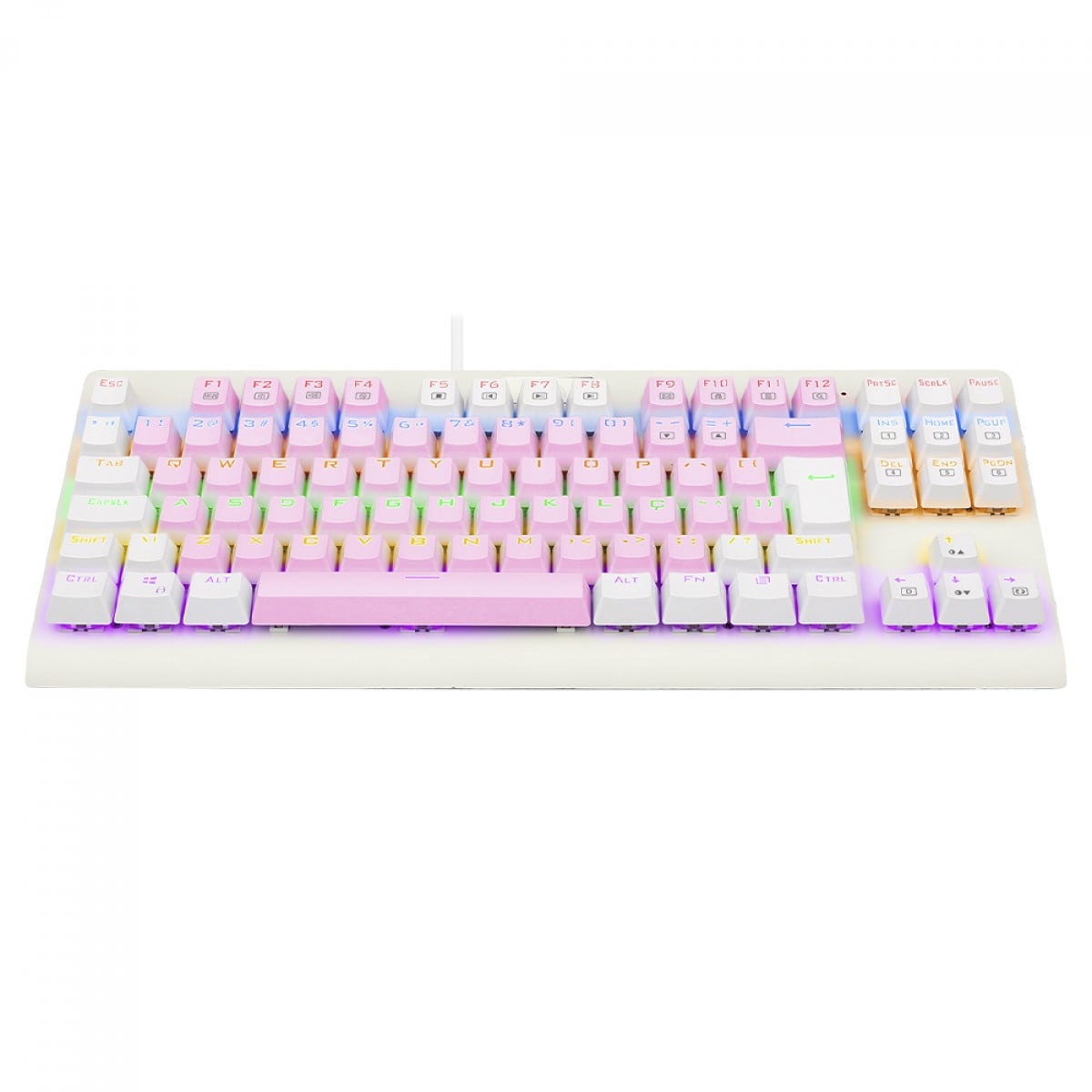 Teclado Mecânico Gamer Redragon Dark Avenger, Rainbow, Switch Brown, ABNT2, TKL, Branco e Rosa, K568PW-R (PT-BROWN)