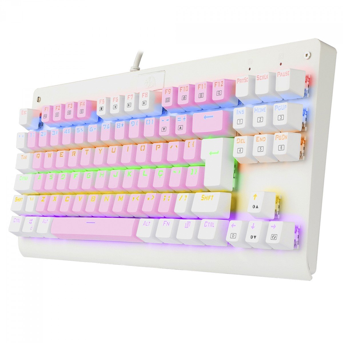 Teclado Mecânico Gamer Redragon Dark Avenger, Rainbow, Switch Brown, ABNT2, TKL, Branco e Rosa, K568PW-R (PT-BROWN)