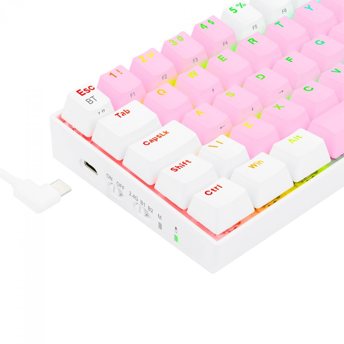 Teclado Mecânico Gamer Redragon Draconic Pro, RGB, 60%, Switch Brown. ABNT, Bluetooth, Pink/White, K530PW-RGB-PRO (PT-BROWN)