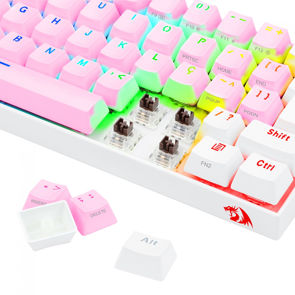 Teclado Mecânico Gamer Redragon Draconic Pro, RGB, 60%, Switch Brown. ABNT, Bluetooth, Pink/White, K530PW-RGB-PRO (PT-BROWN)