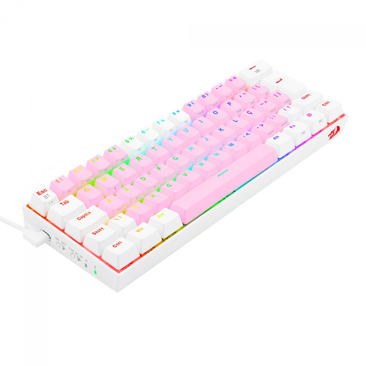 Teclado Mecânico Gamer Redragon Draconic Pro, RGB, 60%, Switch Brown. ABNT, Bluetooth, Pink/White, K530PW-RGB-PRO (PT-BROWN)