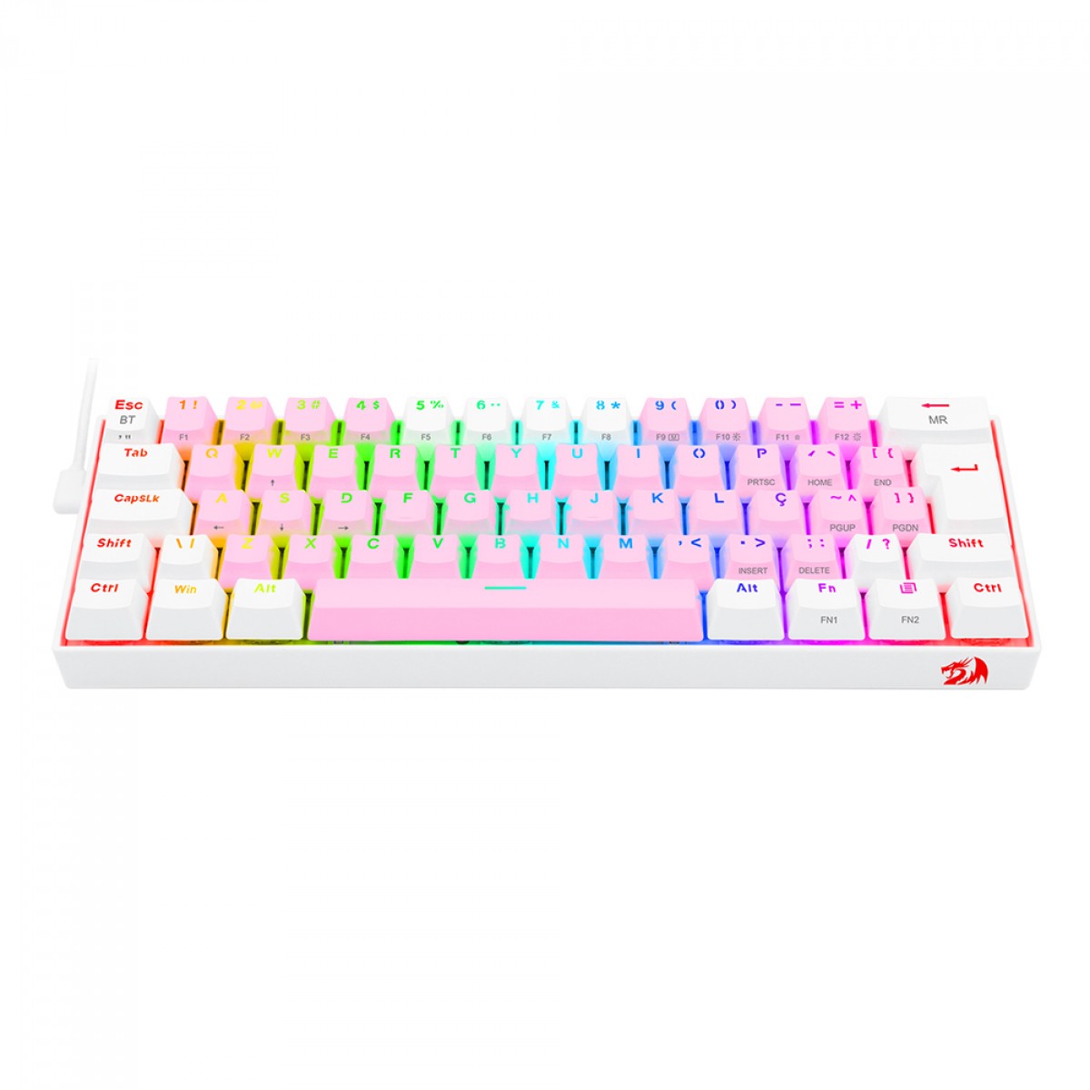 Teclado Mecânico Gamer Redragon Draconic Pro, RGB, 60%, Switch Brown. ABNT, Bluetooth, Pink/White, K530PW-RGB-PRO (PT-BROWN)