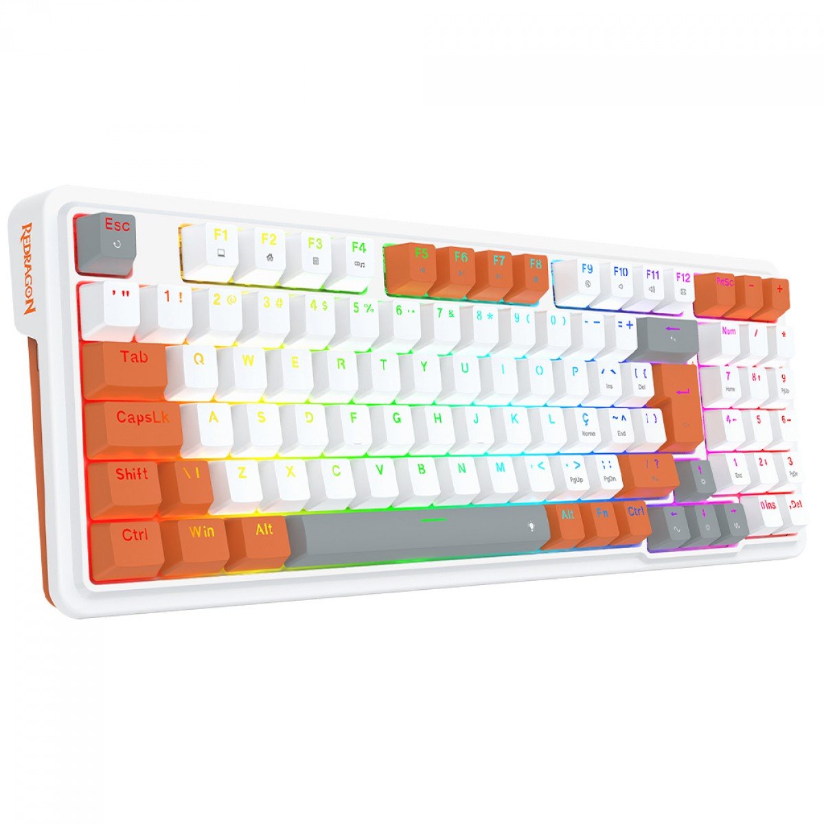 Teclado Mecânico Gamer Redragon Gloria, RGB, Switch Dust-Proof Red, ABNT2, Branco e Laranja, K664WOG-RGB (PT-RED)