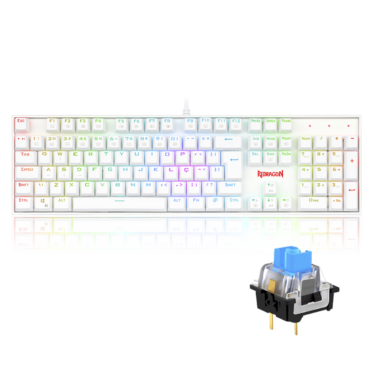 Teclado Mecânico Gamer Redragon Mitra Lunar K551W, RGB, Switch Blue, ABNT2, Full-Size, White, K551W-RGB (PT-BLUE)