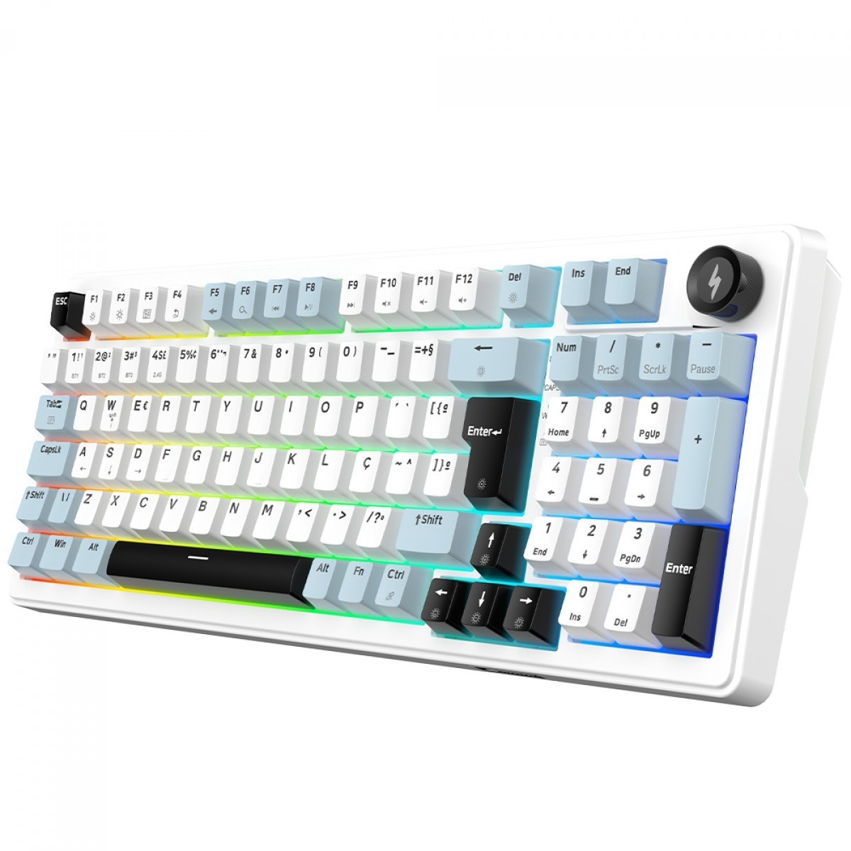Teclado Mecânico Gamer SuperFrame Phantom, RGB, Wireless/Bluetooth, Switch KTT WineRed Linear, ABNT2, Branco e Azul, SF-KB-PHKTFSWBRTAB
