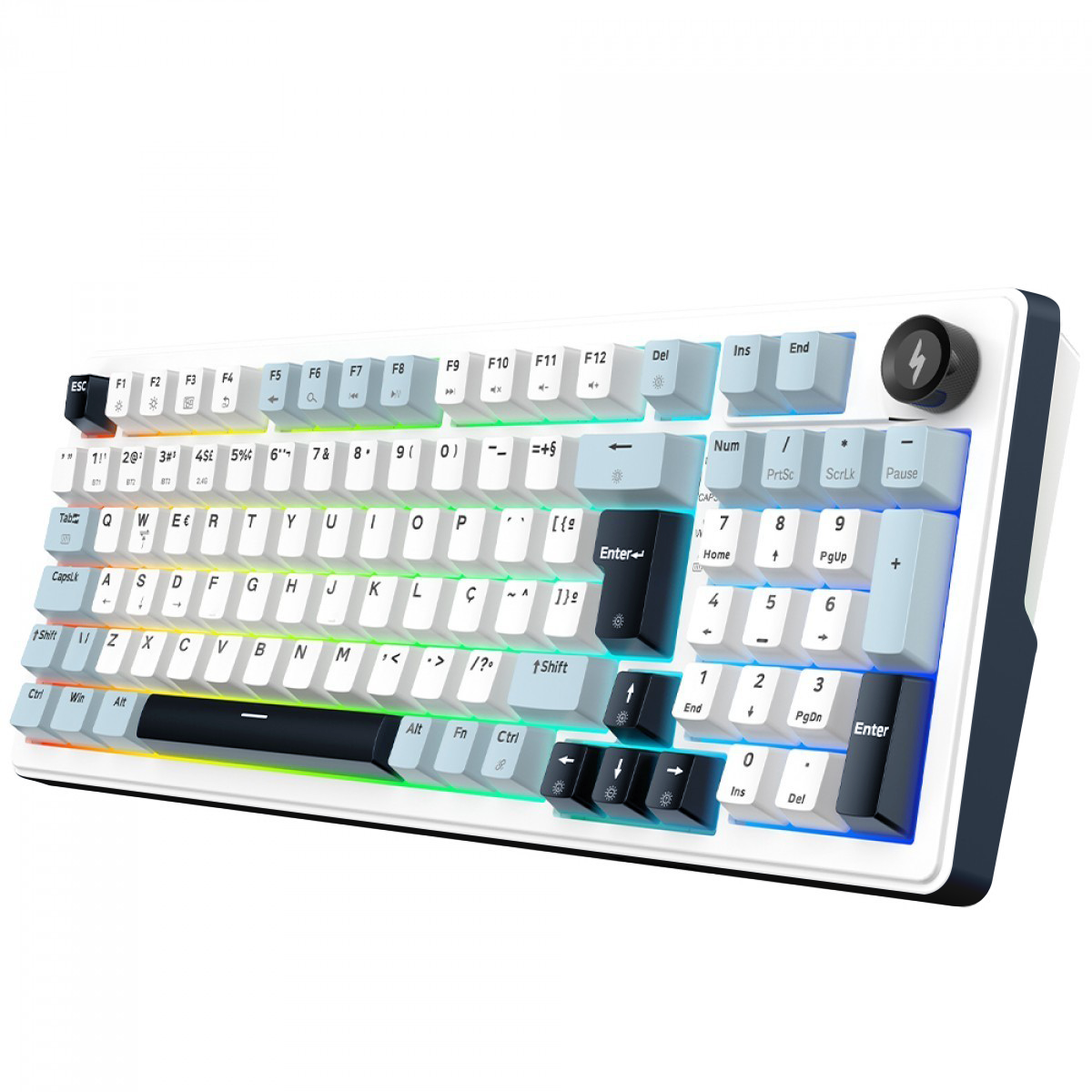 Teclado Mecânico Gamer SuperFrame Phantom, RGB, Wireless/Bluetooth, Switch KTT WineRed Linear, ABNT2, Branco e Azul, SF-KB-PHKTFSWBRTAB