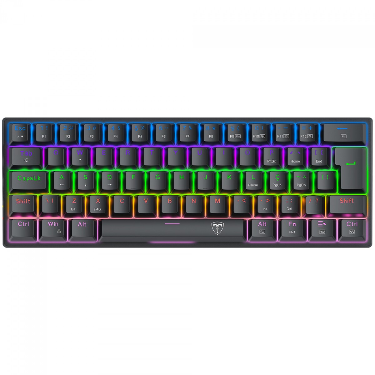 Teclado Mecânico Gamer T-Dagger Arena Pro, Rainbow, Wireless/Bluetooth, Switch Brown, 60%, ABNT2, Preto, T-TGK321PRO-BR PT