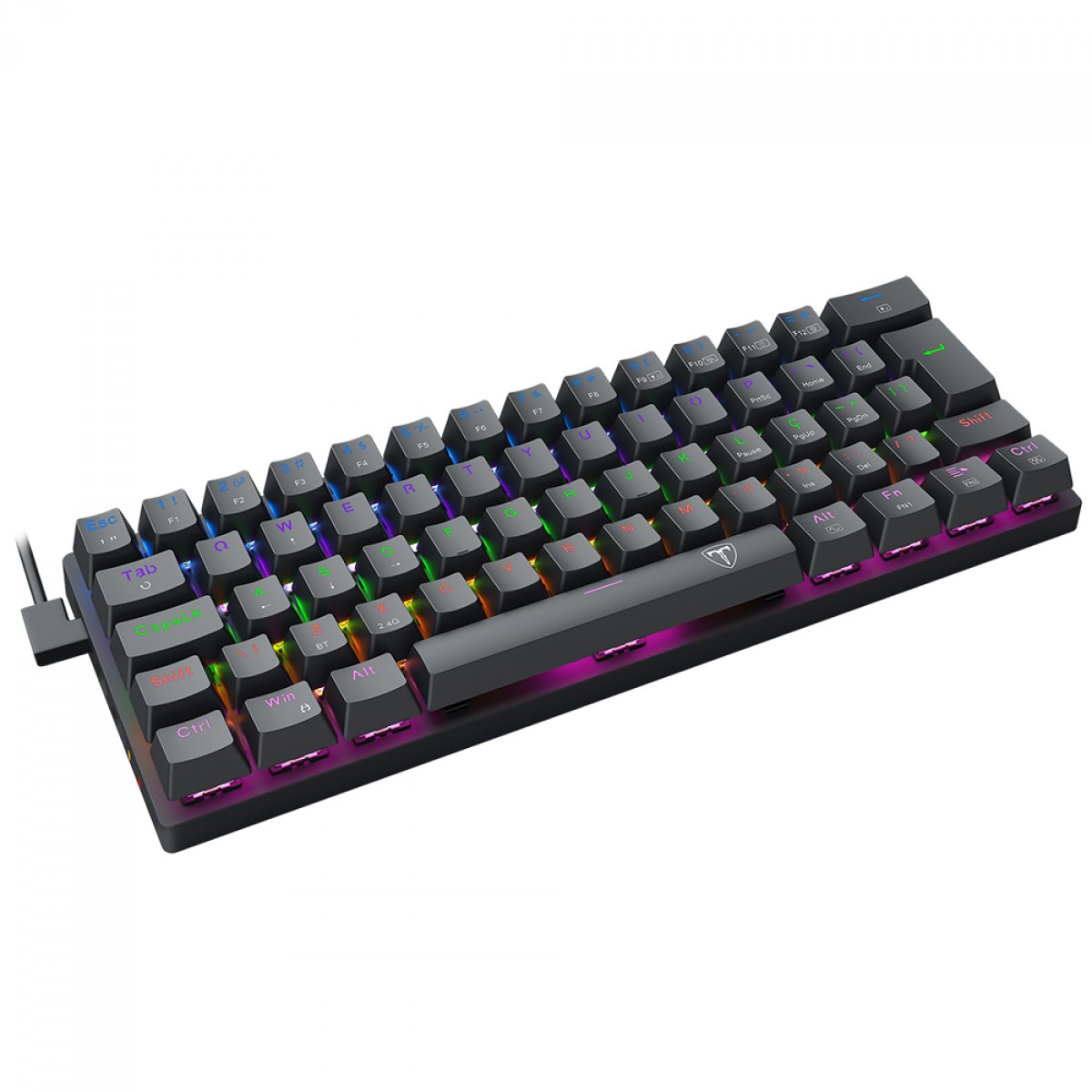 Teclado Mecânico Gamer T-Dagger Arena Pro, Rainbow, Wireless/Bluetooth, Switch Brown, 60%, ABNT2, Preto, T-TGK321PRO-BR PT
