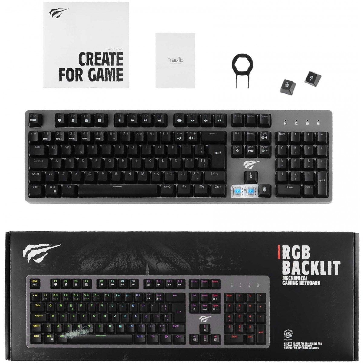Teclado Mecânico Havit RGB, Switch Blue, ABNT-2, Black, KB492L
