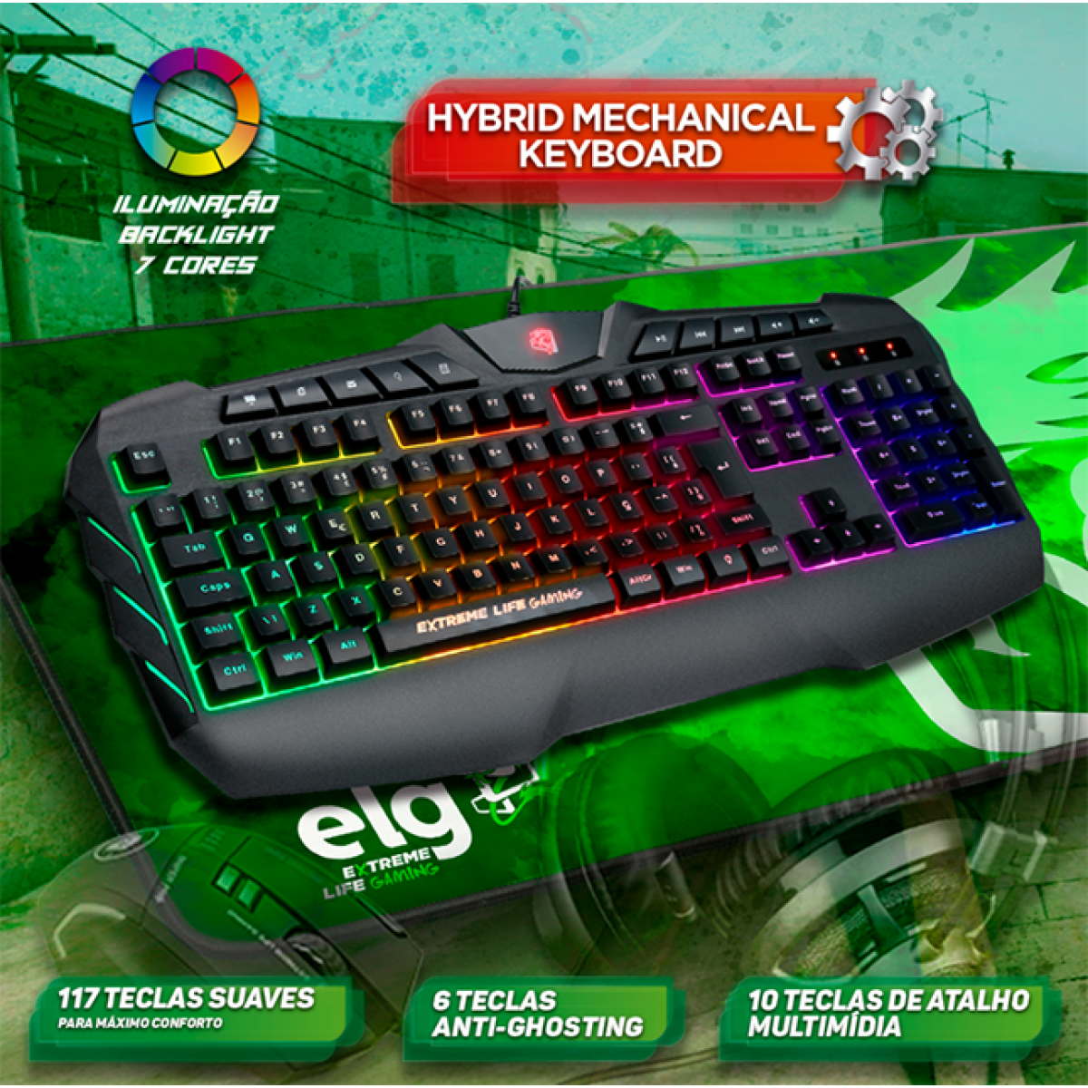 Teclado Mecânico Híbrido Gamer ELG Pulse Fire, ABNT2, BLACK, TGHMPF