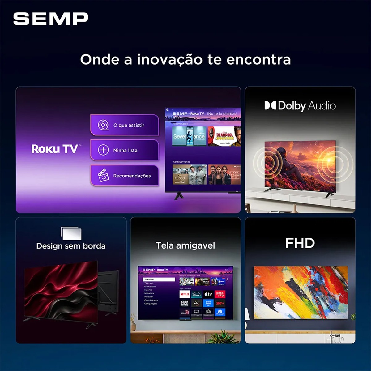 Smart TV SEMP S42R, 43 Pol, Full HD, Roku TV, WI-FI, Preto, 43S42R