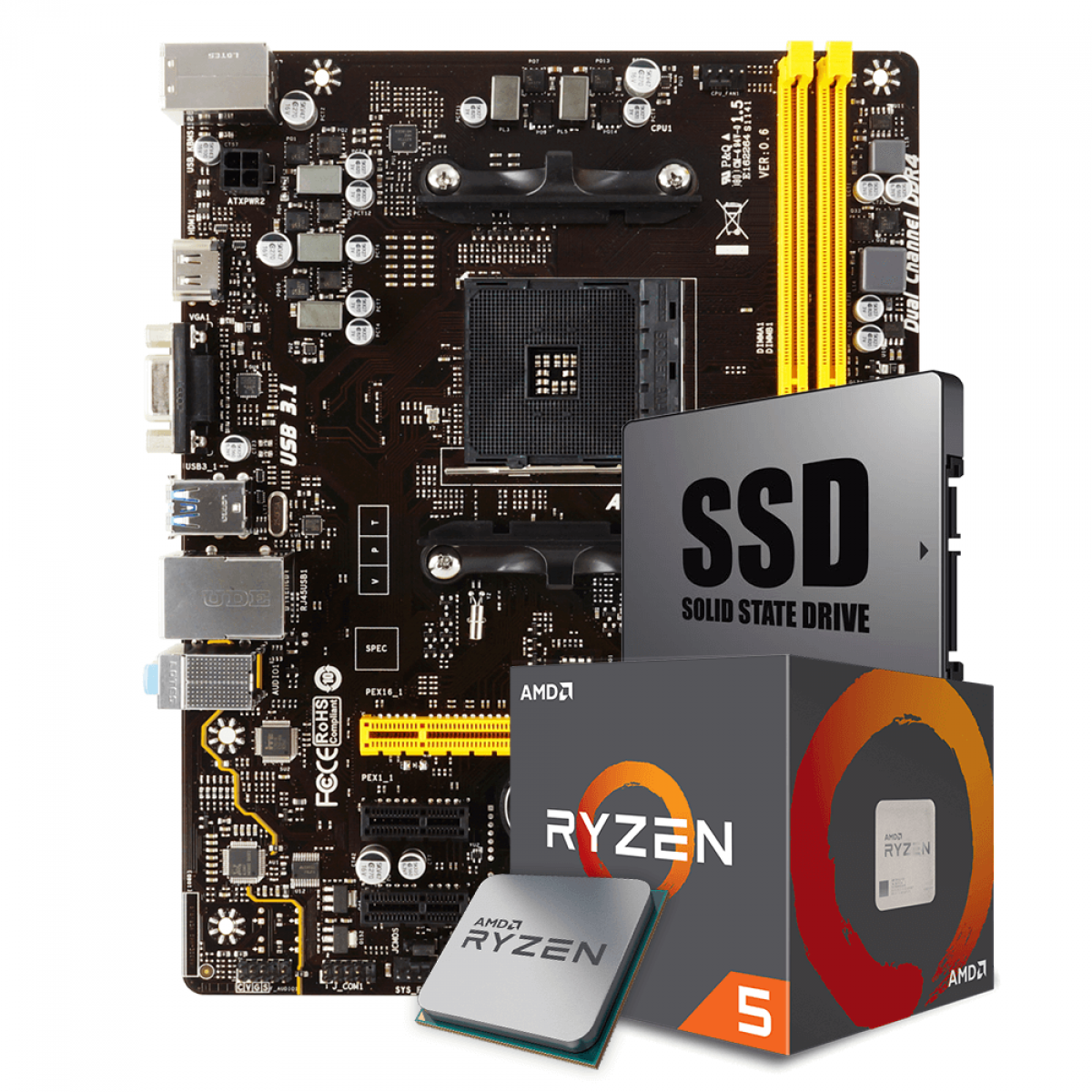 Kit Upgrade Placa Mãe Biostar A320MH DDR4 AMD AM4 + Processador AMD Ryzen 5 2400G 3.6GHz + SSD 240GB
