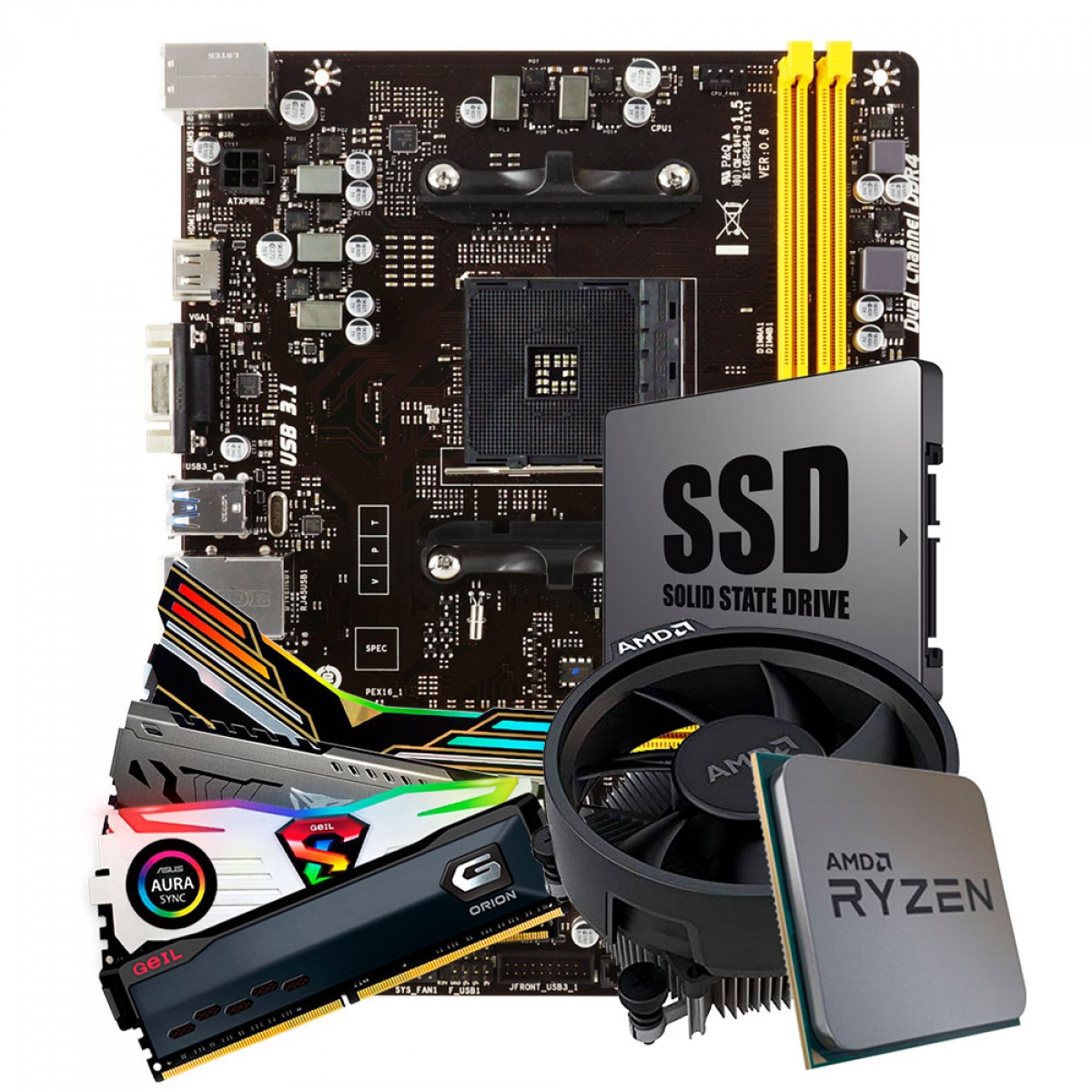 Kit Upgrade Placa Mãe Biostar A320MH DDR4 AMD AM4 + Processador AMD 5 3500 4.1GHz + Memória DDR4 8GB 3000MHz + SSD 120GB