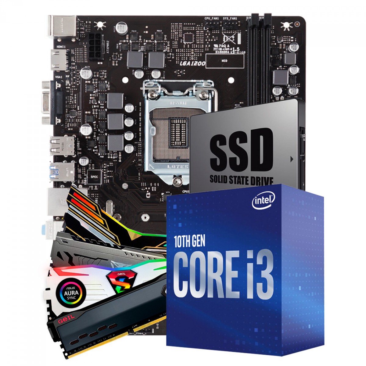 Kit Upgrade Placa Mãe H510 + Intel Core i3 10105F + Memória DDR4 8GB 3000MHz + SSD 120GB