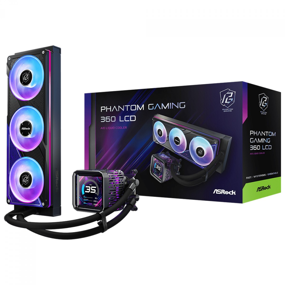 Water Cooler ASRock Phantom Gaming 360, ARGB, 360mm, Com Tela LCD, Intel-AMD, PWM, Preto, 90-APGA36-BAAGA5