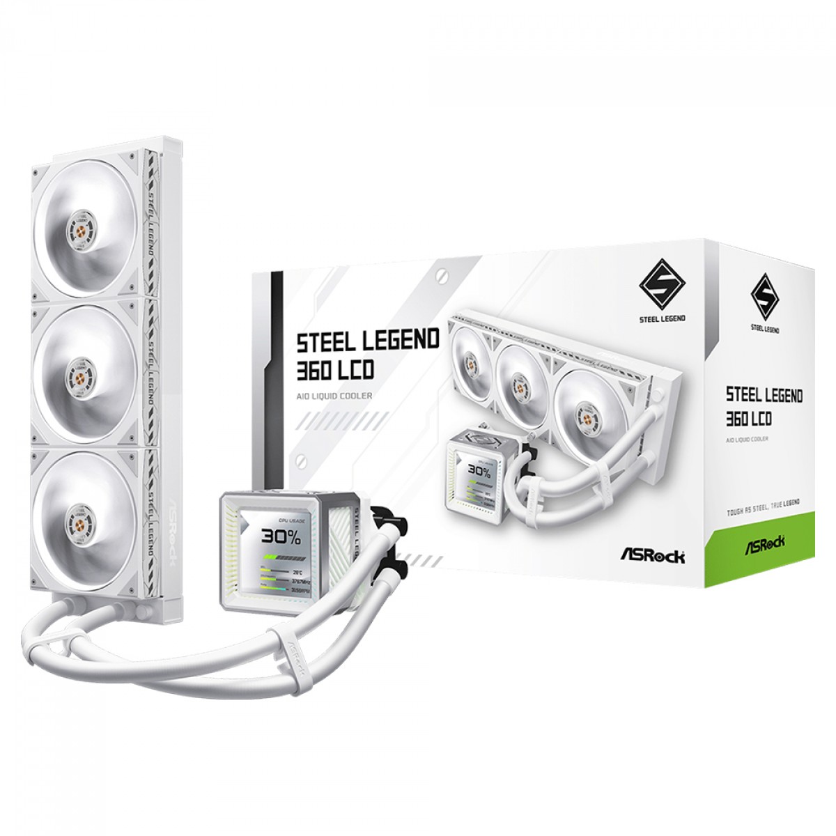 Water Cooler ASRock Steel Legend 360, ARGB, 360mm, Com Tela LCD, Intel-AMD, PWM, Branco, 90-ASLA36-WAAGA5