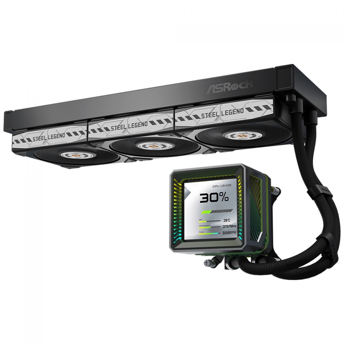 Water Cooler ASRock Steel Legend Dark 360, ARGB, 360mm, Com Tela LCD, Intel-AMD, PWM, Preto, 90-ASLA36-BAAGA5