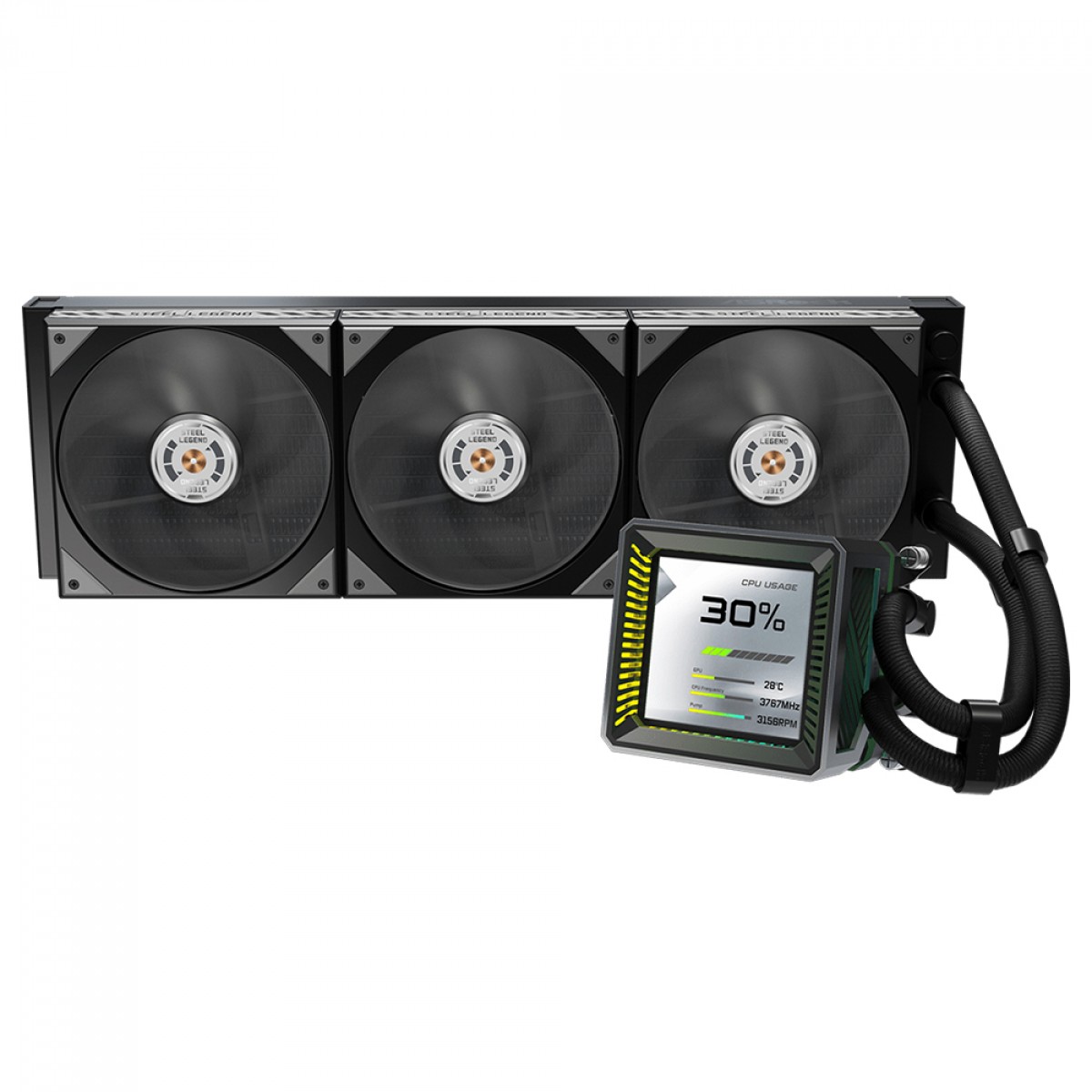 Water Cooler ASRock Steel Legend Dark 360, ARGB, 360mm, Com Tela LCD, Intel-AMD, PWM, Preto, 90-ASLA36-BAAGA5