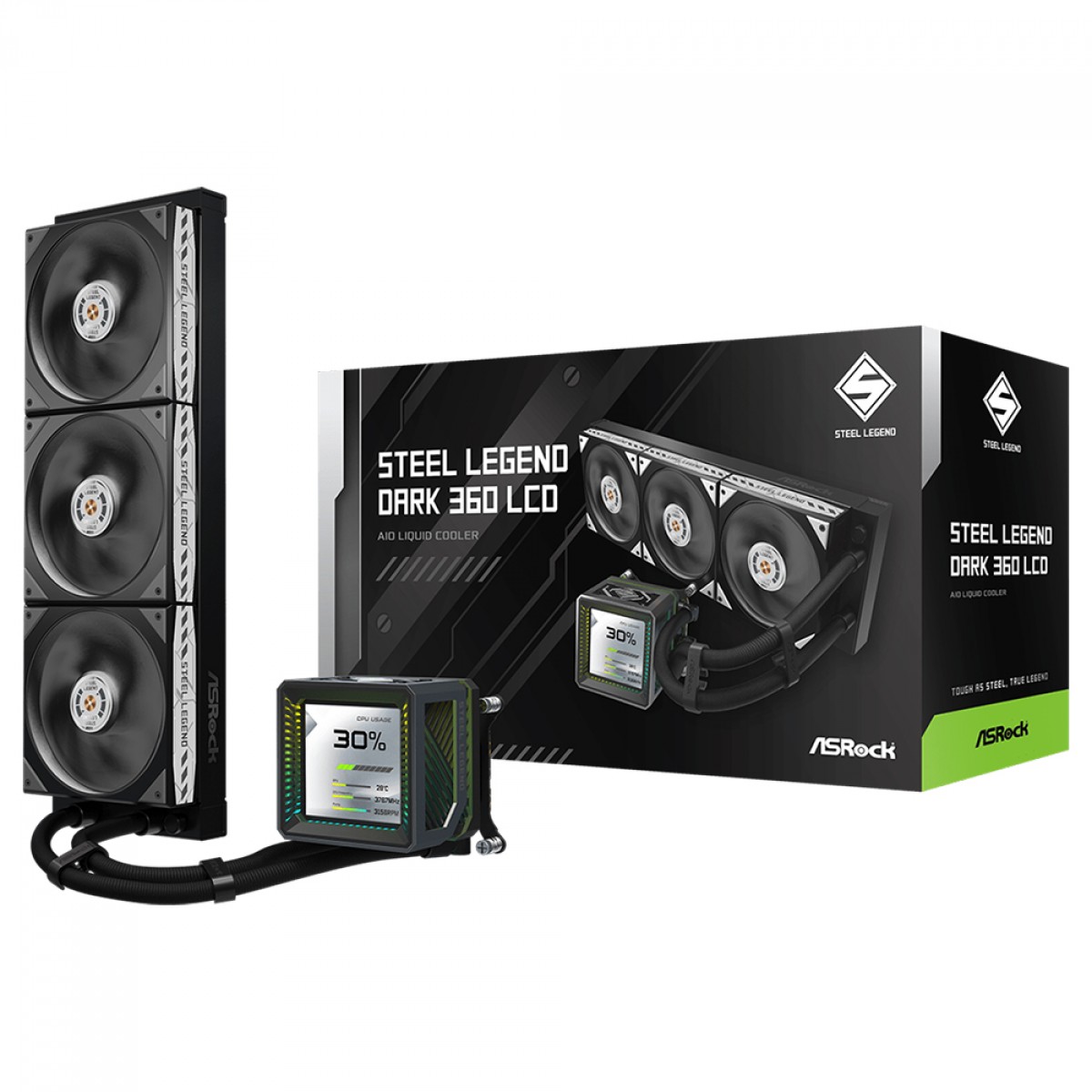 Water Cooler ASRock Steel Legend Dark 360, ARGB, 360mm, Com Tela LCD, Intel-AMD, PWM, Preto, 90-ASLA36-BAAGA5