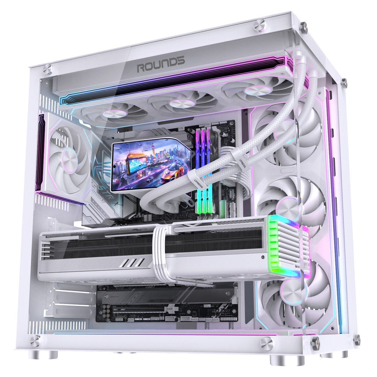 Water Cooler Round5 Horizon White, 360mm, Com Display Curvo, ARGB, Intel-AMD, PWM, Branco, R5-WC-HORIZON-360W-2282