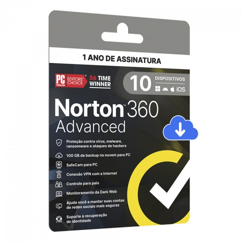 Antivírus Norton 360 Advanced, 10 Dispositivos, 12 Meses, Digital para Download, 21447601