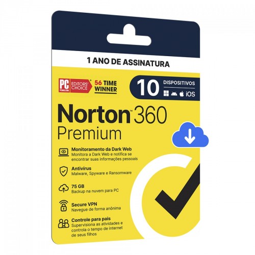 Antivírus Norton 360 Premium, 10 Dispositivos, 12 Meses, Digital para Download, 21414573