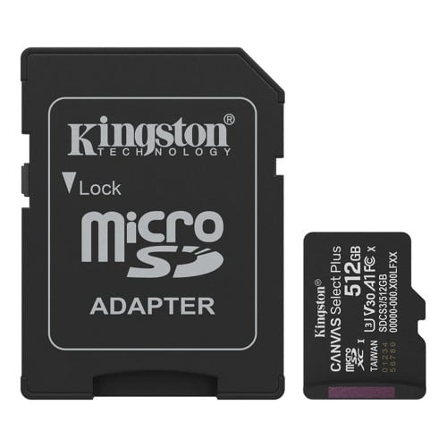 Cartão de Memória Kingston Canvas Select Plus Gen3, MicroSD 512GB, Classe 10, Com Adaptador, SDCS3/512GB