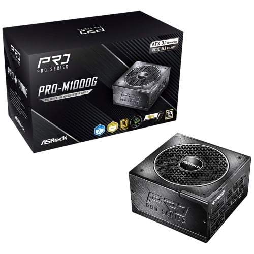 Fonte ASRock PRO Series, 1000W, 80 Plus Gold, Cybenetics Gold, Full Modular, ATX 3.1, PCIe 5.1, Preto, PRO-M1000G