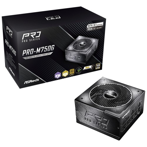 Fonte ASRock PRO Series, 750W, 80 Plus Gold, Cybenetics Gold, Full Modular, ATX 3.1, PCIe 5.1, Preto, PRO-M750G