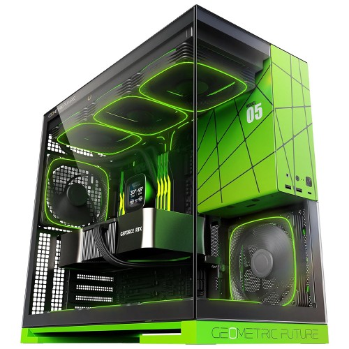 Gabinete Gamer Geometric Future Model 5 NVIDIA Style Edition, Mid Tower, Vidro Temperado, EATX, Sem Fonte, Com 5 Fans ARGB, Preto e Verde, GEO-M5F-BNV