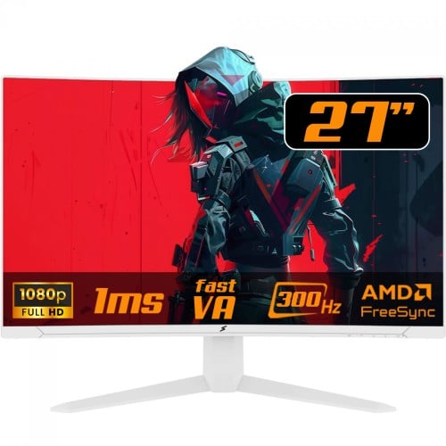 Monitor Gamer SuperFrame UltraX, 27 Pol, Curvo, Full HD, Fast VA, 1ms, 300Hz, FreeSync/G-Sync, HDMI/DP, Branco, SFUCW-27300-FHD