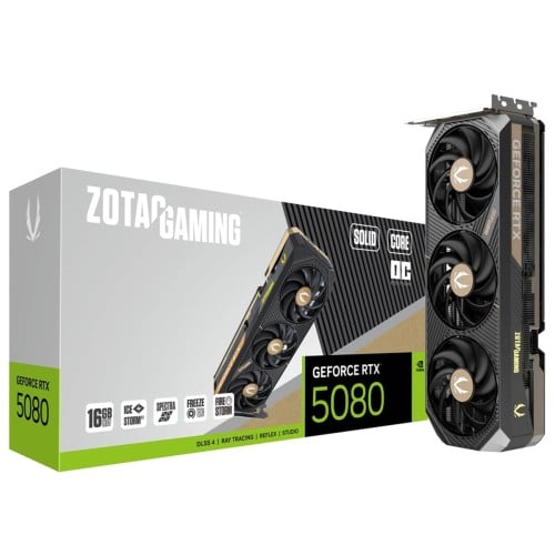 Placa de Vídeo Zotac Gaming NVIDIA GeForce RTX 5080 Solid Core OC, 16GB, GDDR7, DLSS, Ray Tracing, ZT-B50800J2-10A
