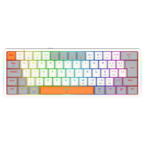 Teclado Gamer Mecânico Redragon Akali, RGB, USB, Switch Brown, ABNT2, 60%, Branco, Cinza e Laranja, K642WGO-RGB (PT-BROWN)
