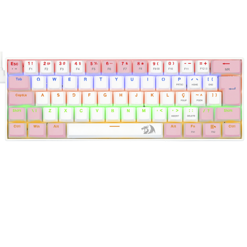 Teclado Gamer Mecânico Redragon Lakshmi Lunar White e Pink, Rainbow, Switch Blue, ABNT2, K606WP-R
