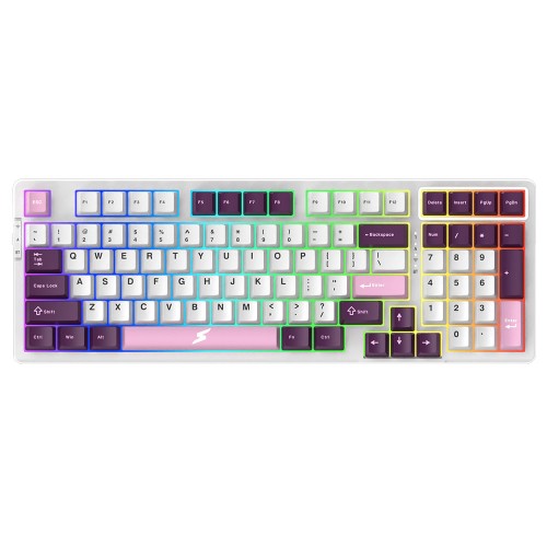 Teclado Gamer Mecânico SuperFrame Fusion Pro, RGB, Wireless/Bluetooth, Switch Kailh Box Ice Cream, Branco/Roxo e Rosa