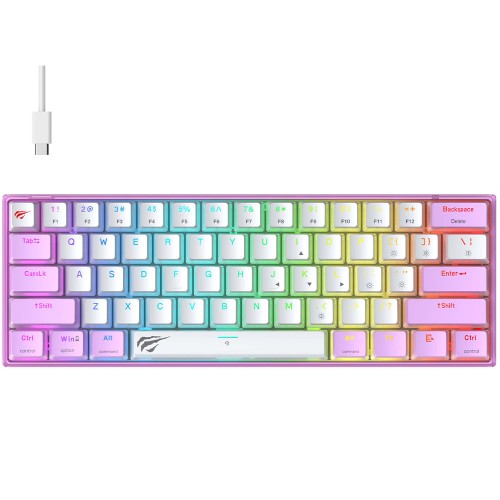 Teclado Mecânico Gamer Havit KB877L, RGB, Switch Content Red, USB, 60%, ANSI, Roxo E Branco, KB877WP