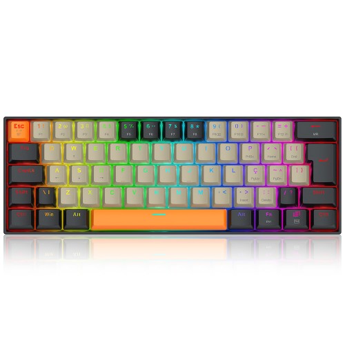 Teclado Mecânico Gamer Redragon Draconic PRO, RGB, Wireless/Bluetooth, 60%, Switch Brown, ABNT2, Cinza, Laranja e Preto, K530-OG GY BK