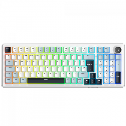 Teclado Mecânico Gamer SuperFrame Phantom, RGB, Wireless/Bluetooth, Switch KTT WineRed Linear, ABNT2, Branco e Azul, SF-KB-PHKTFSWBRTAB