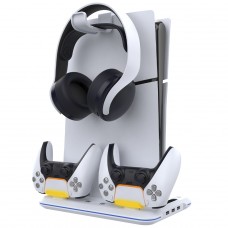 Suporte Vertical Ipega Para PS5 Slim, RGB, Com Cooler Para Refrigeração, Dock De Carregamento Para Controle Dualsense e Suporte De Headset, Branco, PG-P5S020W